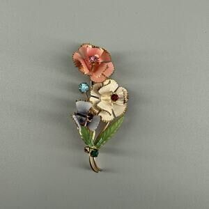 Vintage Made in Austria Enamel Floral Bouquet Brooch Rhinestone Gold Tone Pin